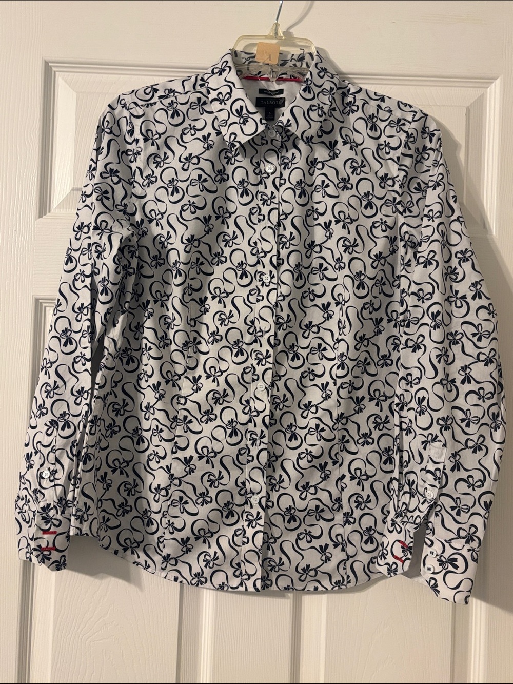 Talbots White Button-Down Shirt with Navy Floral Loops